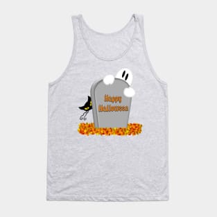 Halloween Cartoon Gravestone, Ghost, Cats & Fall Leaves Tank Top